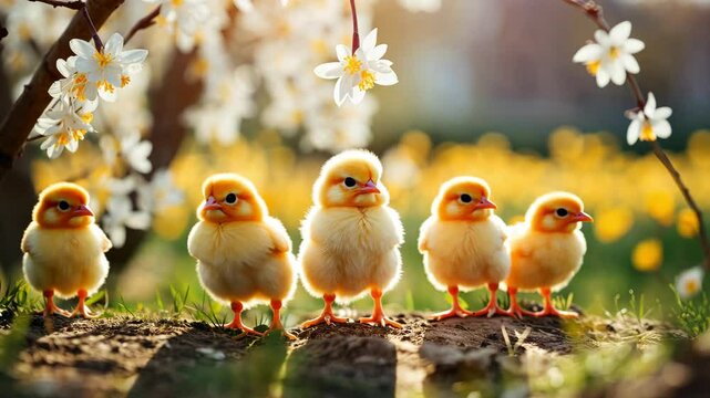 Cute fluffy yellow chicks trample next to each other on a blurred background of blooming spring white flowers and yellow daffodils. Easter festive atmosphere.
