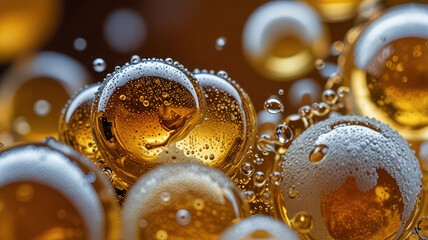 Macro photography of beer and beer bubbles.