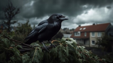 A vigilant crow perched on lush foliage, against dark skies, conveys a dramatic fusion of nature's majesty and mystery.