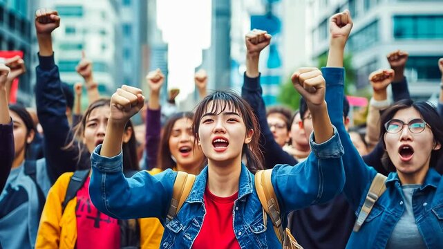 Young adults protesting city,raising fists high.Diverse group demonstrates downtown.Activists determination urban setting.Voices change echo busy streets.Empowered youth,unity protest.Atmosphere