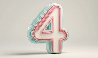 Pastel layered number four, 3D render, white background, design element