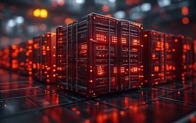 Glowing red data server containers in a futuristic data center.