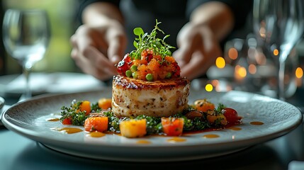 Chef plating gourmet fish dish, restaurant, romantic ambiance