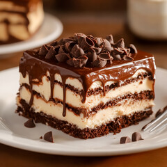 Close-up of a rich chocolate layer cake topped with ganache and chocolate curls, served on a white plate for dessert.
