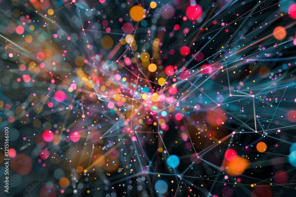 Poster abstract plexus effect with colorful particles connecting through lines on dark background, creating