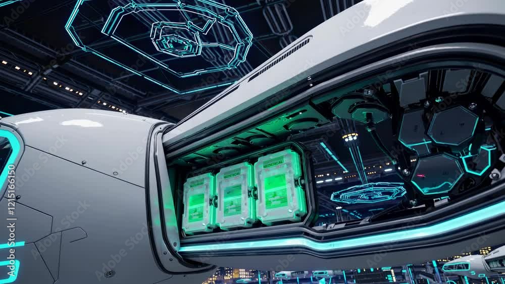 Poster futuristic spacecraft interior reveals advanced technology and design features in a high-tech enviro