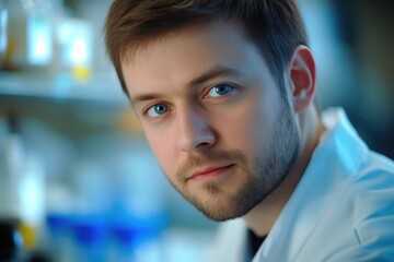 Laboratory Technician Posed in Sterile Environment with Virus Graphics