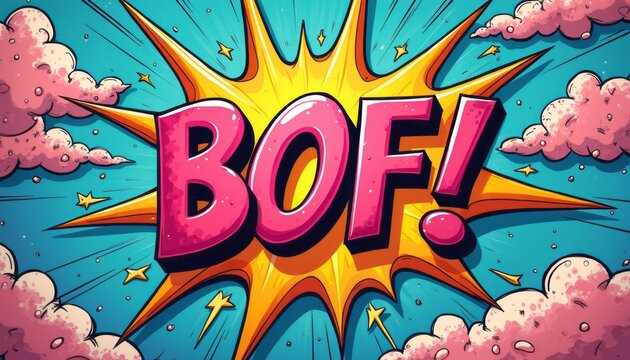 A vibrant comic book explosion features the word BOF in bold pink letters, surrounded by dynamic yellow rays and fluffy clouds. This eye-catching design captures the essence of action and excitement