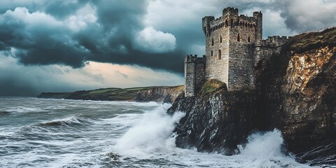 Naklejka premium Medieval Castle Built Into Cliffs Overlooking Turbulent Sea Under Dramatic Sky at Dusk