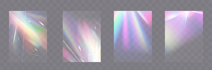 Crystal light glasses effects with sparkling prism glare and rainbow reflections. Optical overlays with streaks, light leaks, falling confetti, and colorful lens flares. Perfect for modern, abstract,	