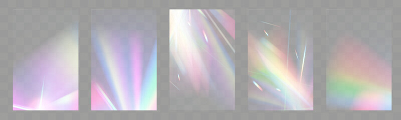Crystal light glasses effects with sparkling prism glare and rainbow reflections. Optical overlays with streaks, light leaks, falling confetti, and colorful lens flares. Perfect for modern, abstract,	