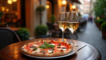 Outdoor Italian restaurant scene shows pizza and white wine for two. Romantic date at eatery with lovely view. Evening ambience with tasty food and drink. Couple enjoys meal outdoors.
