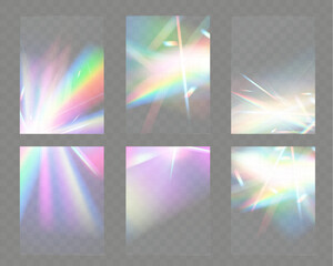Crystal light glasses effects with sparkling prism glare and rainbow reflections. Optical overlays with streaks, light leaks, falling confetti, and colorful lens flares. Perfect for modern, abstract,	