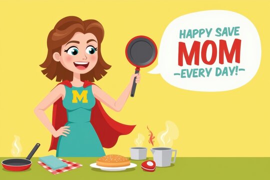 Cheerful mom wearing a superhero cape balancing a frying pan and chores in a vibrant cartoon kitchen, celebration of daily heroism. Happy Mother's Day greeting card