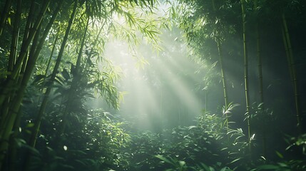 Obraz premium Sunbeams Illuminate Lush Green Bamboo Forest