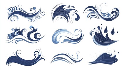 Abstract blue water wave designs; ocean, sea, current, swirl, splash, for design elements