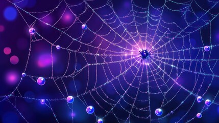 Dew-kissed spiderweb, night bokeh, Halloween design