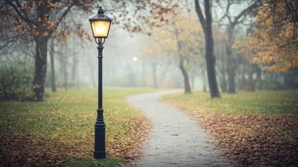 A lone streetlamp illuminates a misty autumn pathway, strewn with fallen leaves, creating a serene, timeless scene.