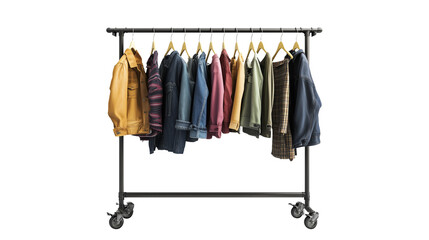 Fashion on hangers, hanging from a metal rack with wheels, isolated on Transparent PNG format background.