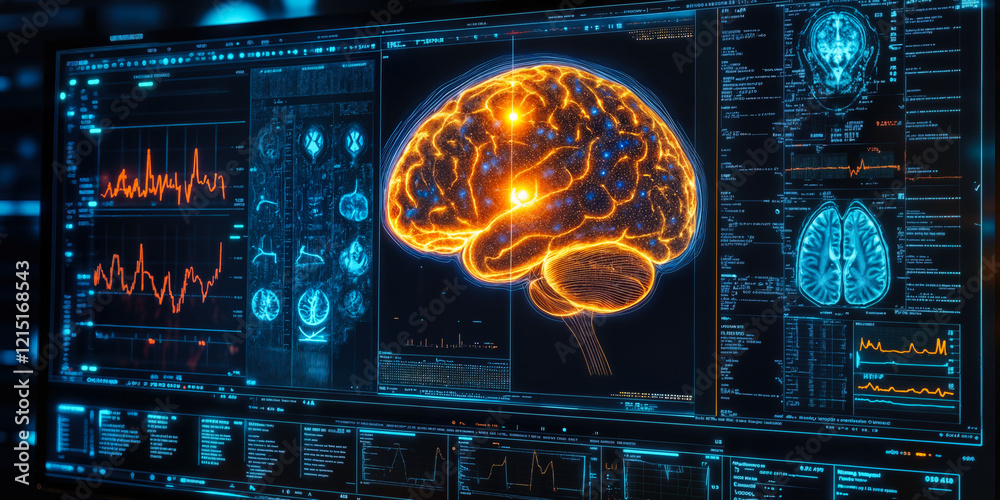 Poster 3d vfx brain scan animation visualization in medical software showing neural activity data for brain