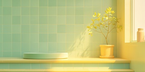 Bright kitchen with a turquoise tiled wall, wooden counter and podium for displaying products. Ideal background for a cozy and welcoming kitchen scene