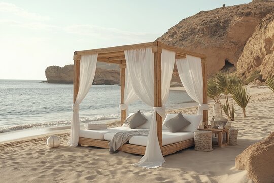 A luxurious sunbed setup on a pristine secluded beach