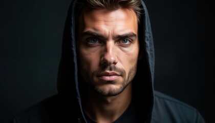 Obraz premium Handsome man in black hoodie. Serious expression. Upper body portrait. Stylish casual attire. Photogenic model. Focus on face and eyes. Dark backdrop. Confident youth. Studio portrait.