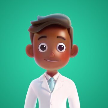 3D cartoon male doctor character. Friendly black Medical intern wearing white gown. 3d cartoon style illustration on white background