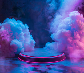 Abstract neon light podium, round stage with soft smoke. 3d render style glowing podium with magic fog for product presentation