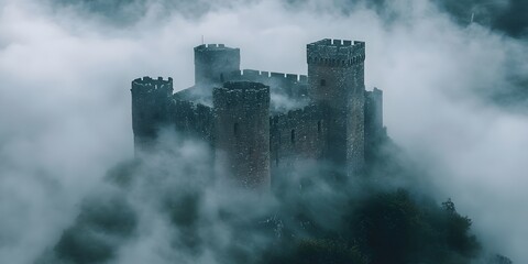Naklejka premium Medieval Castle Surrounded by Dense Fog with Mysterious Atmosphere in a Enigmatic Landscape