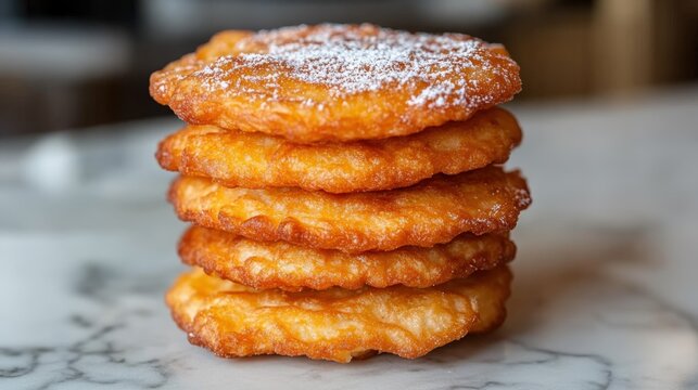 Golden-brown oladyi fritters topped with powdered sugar on gray marble countertop