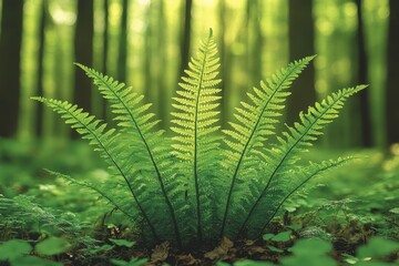 Fern thrives in vibrant green forest showcasing nature's tranquility and beauty