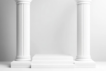 Obraz premium White columns framing platform; minimalist backdrop; product display