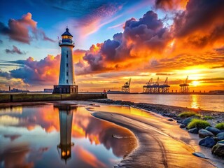 Obraz premium New Brighton Lighthouse & Liverpool Docks, Wirral Sunset Panorama