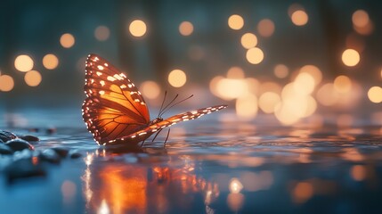 Obraz premium A beautiful butterfly is sitting on the water, with sparkling light spots in its wings and a blurred background.