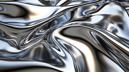 A close-up view of shiny, wavy metallic fabric with reflective surfaces, creating an abstract, smooth texture.