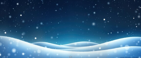 Winter wonderland scenery at night. Snowflakes fall gently on snow-covered hills under starry night sky. Serene, tranquil scene. Ideal for winter themes, holiday cards, seasonal backgrounds. Perfect