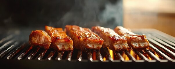 Grilled meat sizzling on a barbecue, showcasing a smoky, appetizing texture and color, perfect for summer cookouts and gatherings.