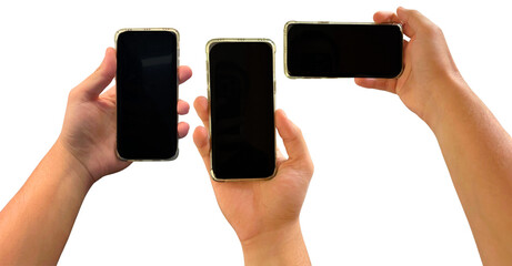 Hands holding mobile phone screen mockup, using smartphone touchscreen, cellphone, set isolated on white background.., transparent PNG 