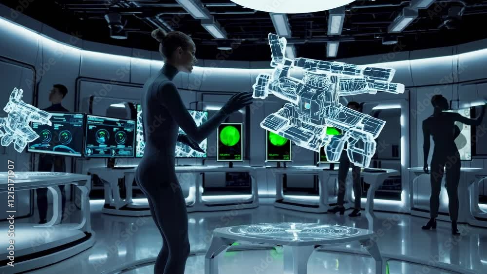 Aufkleber Exploring futuristic technology in a high-tech research lab with interactive holograms and scientists at work
