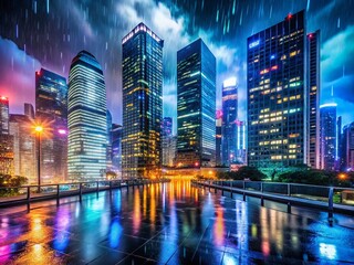 Obraz premium Night Cityscape: Illuminated Buildings and City Lights Reflecting on Wet Streets
