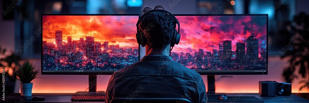 Poster programmer working at computer with dual screens in a modern workspace at night