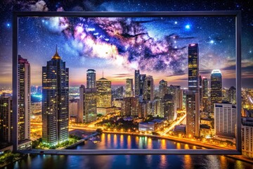 Obraz premium Night Cityscape Rectangle Border Frame - Illuminated Urban Scene Stock Photo