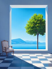 Fototapeta premium Serene Lakeside Living Room View - Tranquil living room scene; chair, tree, and expansive lake view symbolize peace, nature, serenity, relaxation, and escape.