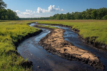 Fototapeta premium Riverbed reveals signs of drought as climate change impacts seasonal water levels
