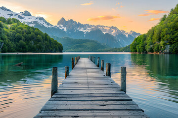 Tranquil Mountain Lake at Sunset with Reflections of Snow-Capped Peaks and Lush Forest