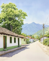 Fototapeta premium serene village scene with traditional houses, green trees, and mountains in background, evoking peaceful atmosphere