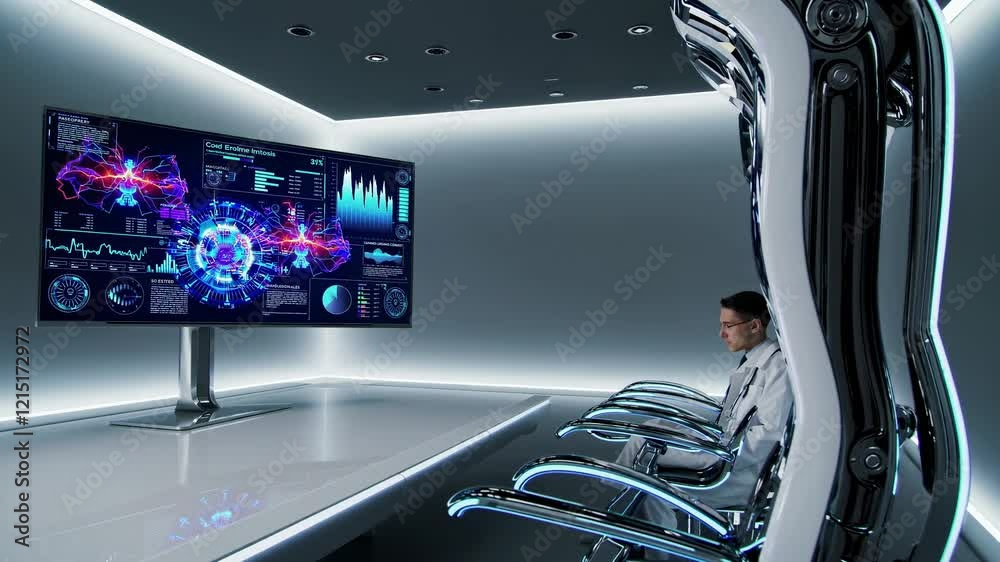 Poster scientist analyzes complex data in a futuristic laboratory setting using advanced technology and vis