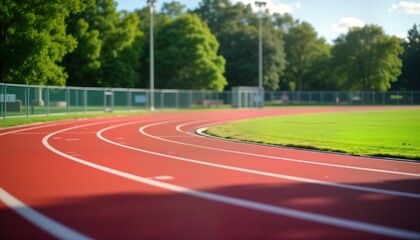 Obraz premium Outdoor running track in athletic field. Sunny day in summer. Curve of red running track seen. Green grass borders track. Shows sport competition scene. People could training for race. Place people