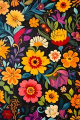 Abstract pattern with vibrant Mexican floral motifs
